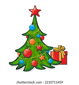 Christmas tree decorated star, balls and light bulb chain with gift boxe. Flat vector on transparent background.