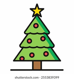 Christmas a tree with decorated star icon  vector, Christmas related filled design icon, editable outline. vector art on white background.