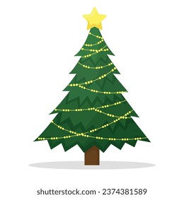 Christmas tree decorated with star and lights. Merry Christmas and Happy New Year. Flat style vector illustration.