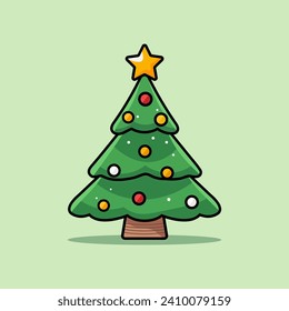 Weihnachtsbaum. Dekorierter Weihnachtsbaum mit Stern und Lichtern. Flaches Design. Feiertagsstimmung. Vektorgrafik
