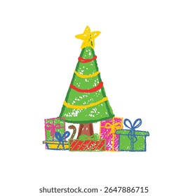 Árvore de Natal decorada com uma estrela no topo e presentes . Rabiscos em estilo de carvão pastel. Desenhado à mão como crianças, usando cera colorida, linhas de rabisco. Xmas vetor para escola, projetos de jardim de infância