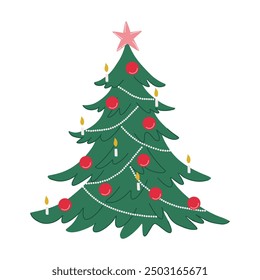 Christmas tree decorated with star, red balls and candles. Holiday fir tree isolated on transparent background. Festive Winter design element. Traditional symbol. Flat design vector illustration.