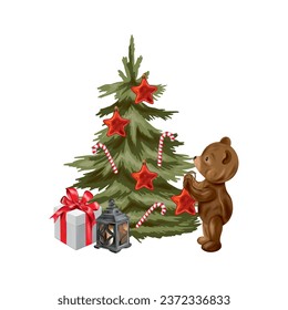 Christmas tree decorated with stars, teddy bear, gift, candlestick. Vector illustration for New Year composition. Greeting cards, invitations, banners