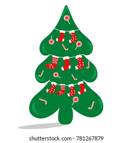 The Christmas tree is decorated with sweets and socks. Flat vector illustration.