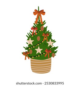 Christmas  tree decorated. Template for greeting card, banner, invitation.