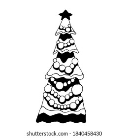 Christmas tree decorated with  toys is isolated on a white background. Hand-drawn vector illustration. Sketch of a Christmas tree with balls. Vector holiday icon drawn in sketch style