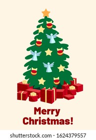 Christmas tree decorated with toys. New Year card. color illustration on a white