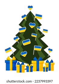 The Christmas tree is decorated with Ukrainian flags isolated on a white vertical background. Vector.