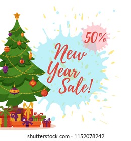 Christmas tree decorated vector illustration. Star, decoration balls and gift boxes sale concept in colorful cartoon flat style. Merry Christmas and a happy New Year design for greeting cards.