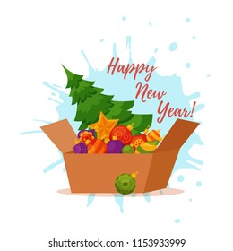 Christmas tree decorated vector illustration. Star, decoration balls and gift boxes sale concept in colorful cartoon flat style. Merry Christmas and a happy New Year design for greeting cards.