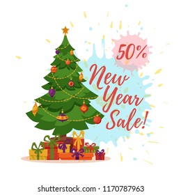 Christmas tree decorated vector illustration. Star, decoration balls and gift boxes sale concept in colorful cartoon flat style. Merry Christmas and a happy New Year design for greeting cards.