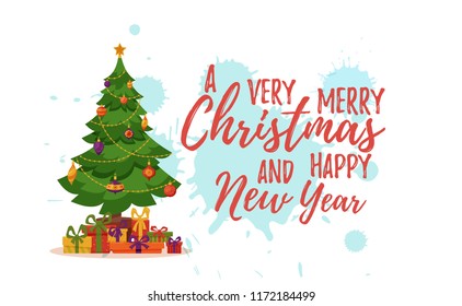 Christmas tree decorated vector illustration. Star, decoration balls and light bulb chain, gift boxes in colorful cartoon flat style. Merry Christmas and a happy New Year design for greeting cards.