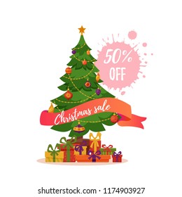 Christmas tree decorated vector illustration. Star, decoration balls and gift boxes sale concept in colorful cartoon flat style. Merry Christmas and a happy New Year design for promotion, discounts.