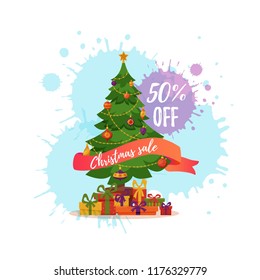 Christmas tree decorated vector illustration. Star, decoration balls and gift boxes sale concept in colorful cartoon flat style. Merry Christmas and a happy New Year design for promotion, discounts.
