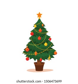 Christmas tree decorated vector illustration. Star, decoration balls and light bulb chain, gift boxes in colorful cartoon flat style. Merry Christmas and a happy New Year design for greeting cards.