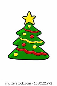 Christmas tree decorated vector illustration. Star, decoration balls and light bulb chain, colorful cartoon flat style. Merry Christmas and a happy New Year design for greeting cards.