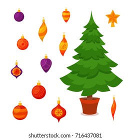 Christmas tree decorated vector illustration. Star, decoration balls and light bulb chain, gift boxes in colorful cartoon flat style. Merry Christmas and a happy New Year design for greeting cards. 