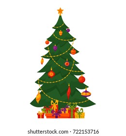 Christmas tree decorated vector illustration. Star, decoration balls and light bulb chain, gift boxes in colorful cartoon flat style. Merry Christmas and a happy New Year design for greeting cards.