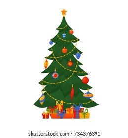 Christmas tree decorated vector illustration. Star, decoration balls and light bulb chain, gift boxes in colorful cartoon flat style. Merry Christmas and a happy New Year design for greeting cards.