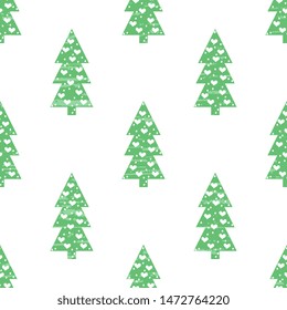 
Christmas tree decorated with white balls, hearts. Seamless vector pattern for festive prints, paper, cover, card, fabric, fabric decoration. Textured check illustration.