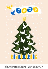 The Christmas tree is decorated with white doves of peace on a pink vertical background with snow. 2023 is coming in Ukraine. Vector