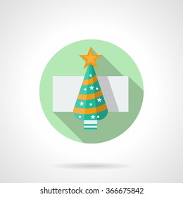 Christmas tree decorated with yellow ribbon and star. New Year symbol. Winter holidays. Green round flat vector icon with long shadow. Element for web design, business, mobile app.