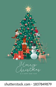 christmas tree decorating greetings design template vector/illustration