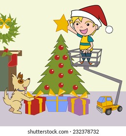 Christmas tree decorating, kid and dog, vector illustration