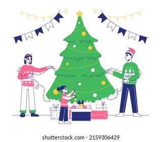 Christmas tree decorating, winter holidays family decorate fur tree. People celebrating Christmas, family preparing for xmas and new year holidays vector illustration. Holiday house decorate