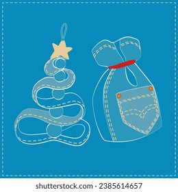 Christmas tree decoration -  a Christmas tree  and a bag of gifts. The decoration is sewn by hand from jeans, denim. Christmas Denim Collection