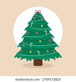 Christmas Tree Decoration With Ball, Candy, Lamp and Bow.