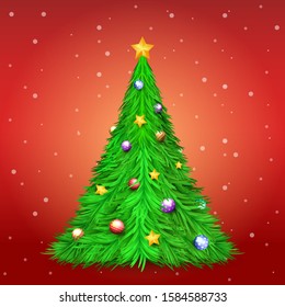 Christmas tree with decoration ball and star on red background with snow. Merry Christmas and Happy New Year Holiday background.