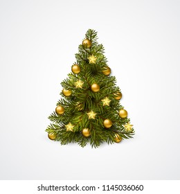 Christmas tree with decoration - balls, garlands. Vector Isolated on white.