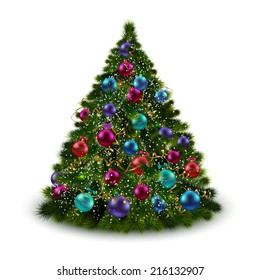 Christmas tree with decoration balls and garlands isolated on white background vector illustration