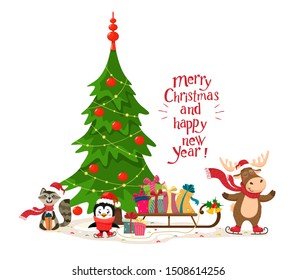 Christmas tree with decoration, balls, and merry animals. Vector illustration in cartoon flat style. White background.
