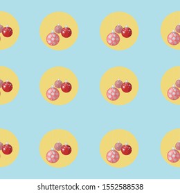 Christmas tree decoration balls seamless pattern. Vector illustration in yellow circle on blue background