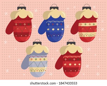 Decoración de árboles de Navidad, conjuntos de bolas de Navidad, guantes aislados dibujados a mano con diferentes colores