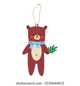 Christmas tree decoration bear. Decorative toy suspended on lace. Flat vector illustration isolated on white background.