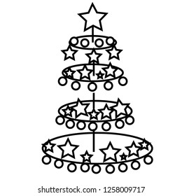  Christmas tree with decoration black line icon on white