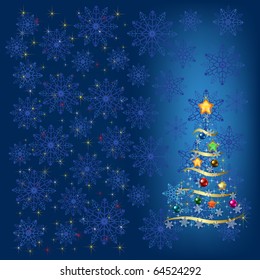 christmas tree with decoration and blue snowflakes