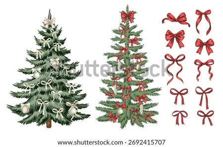 Christmas tree decoration with bow and balls.   Winter decor set.