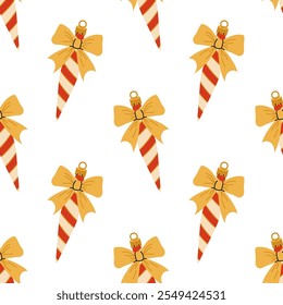 Christmas tree decoration with a bow. Festive Christmas or New Year seamless pattern. For textile, wrapping paper, background.