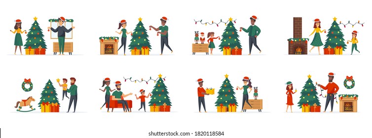 Christmas tree decoration bundle of scenes with people characters. Happy family with kids together decorating Christmas tree conceptual situations. Xmas winter holidays cartoon vector illustration.