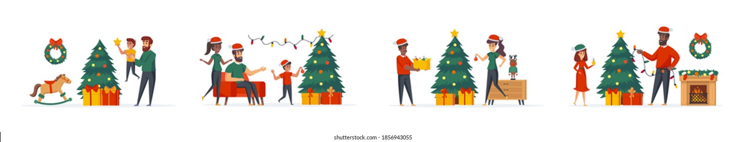 Christmas tree decoration bundle of scenes with people characters. Happy family with kids together decorating Christmas tree conceptual situations. Xmas winter holidays cartoon vector illustration.