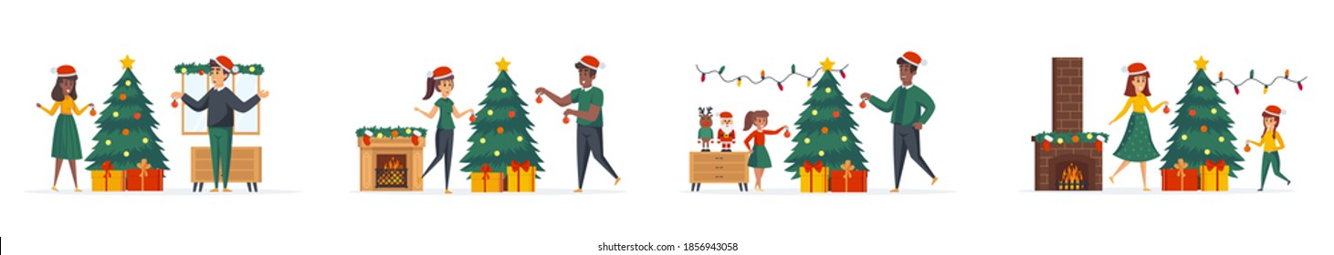 Decoración de árbol de Navidad conjunto de escenas con personajes de la gente. Feliz familia con niños juntos decorando situaciones conceptuales de árboles de Navidad. Dibujo vectorial de las vacaciones de invierno de Navidad.