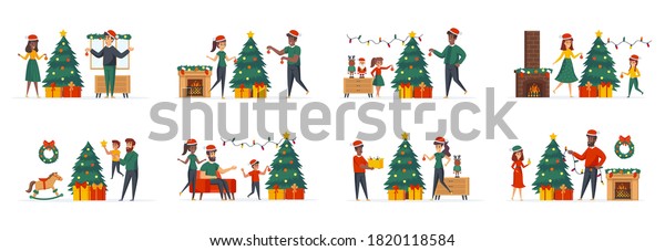 Christmas tree decoration bundle of scenes\
with people characters. Happy family with kids together decorating\
Christmas tree conceptual situations. Xmas winter holidays cartoon\
vector illustration.
