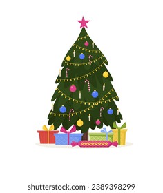 Christmas tree with decoration candles, star, candy, balls and golden lamps on a white background. Colorful gift boxes under the fir. Merry Christmas and a happy new year. Vector illustration in flat 