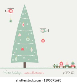 Christmas tree decoration card with train and helicopters toys. Vector illustration.
