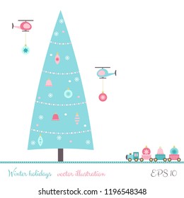 Christmas tree decoration card with train and helicopter toys. Vector illustration.