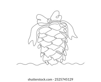 Christmas tree decoration, cedar or pine cone with ribbon, continuous one line art hand drawing sketch, logo